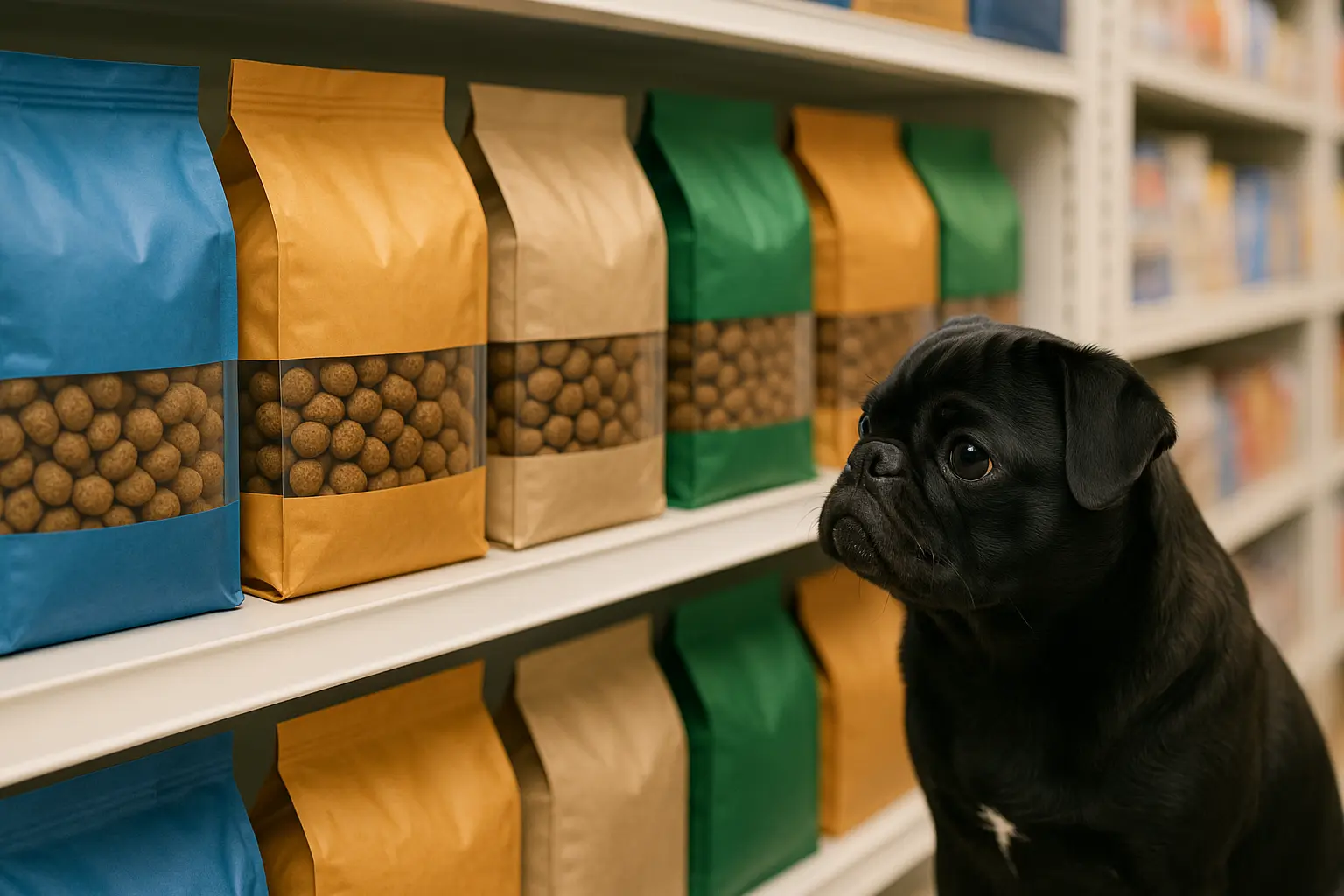 Black pug choosing the right food